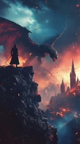 Dragon-ravaged citadel burns as lone warrior confronts doom.