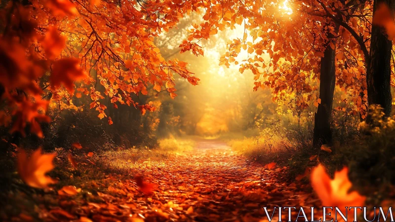 Sunlit autumn tunnel where falling leaves whisper softly.