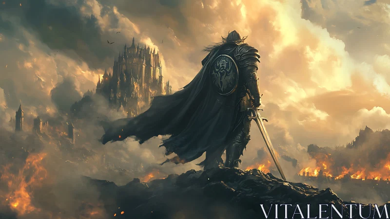 Armored warrior overlooking burning fortress landscape.