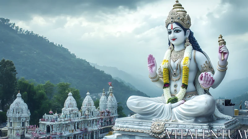 Serene mountain temple with peaceful white deity statue.