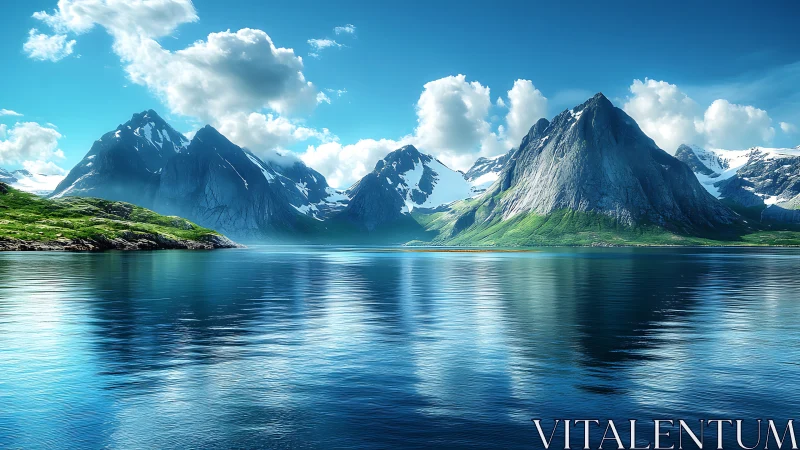 Mountain lake scene with clear reflections under clouds.