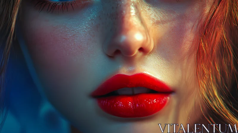 Sensual close-up of glossy red lips in neon light.