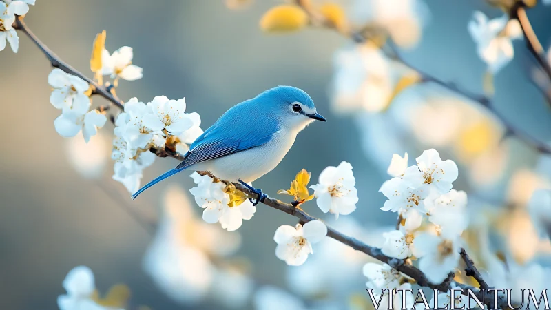 Bluebird on Blossoming Branch in Soft Pastel Spring Scene.