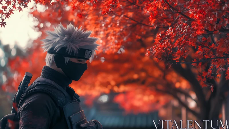 Masked silver-haired character stands beneath vivid red maple