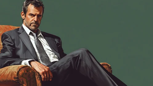 Middle-aged suited man in armchair, low-angle digital portrait