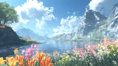 Blooming alpine lake beneath towering snowlit peaks.