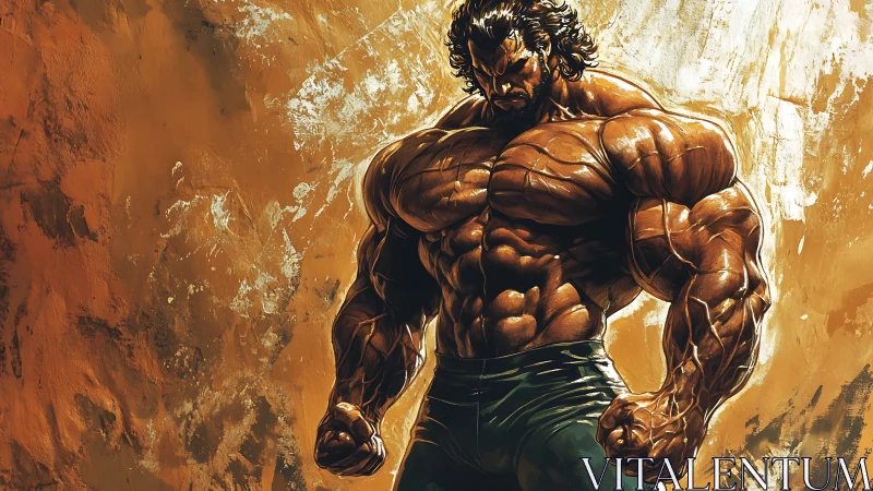 Titanic muscular warrior poised in a raw painted inferno.