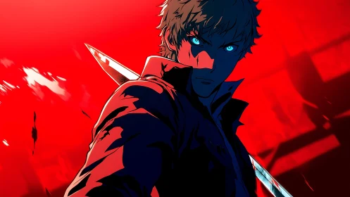 Blue-eyed swordsman dominates crimson battleground. Period.