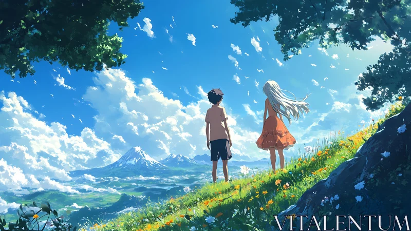 Summer hillside gaze toward distant snowcapped mountains.