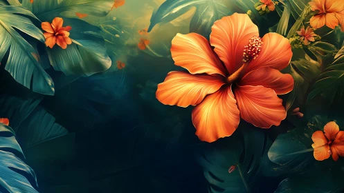 Large orange hibiscus flower with tropical foliage in digital rendering