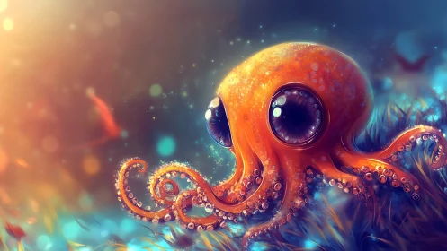 Orange stylized octopus in luminous underwater habitat.