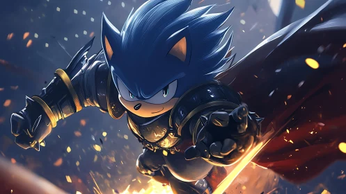 Armored blue hedgehog hero charges through fiery battle