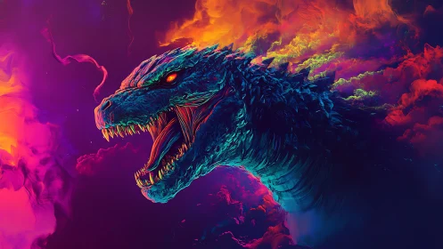 Bioluminescent kaiju head rendered in high-contrast neon vapor clouds