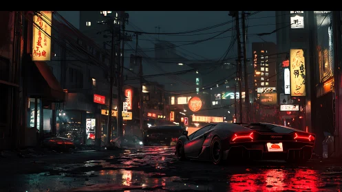 Sports car stands in neon lit rainy city street at night