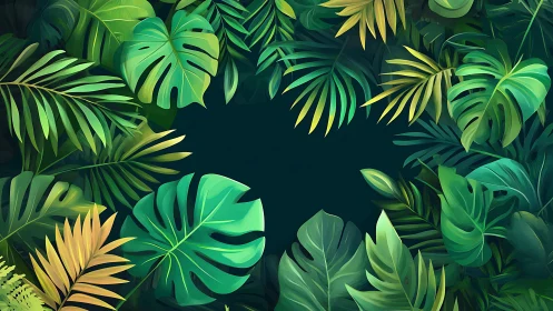 Tropical jungle leaves border with dark empty center space.