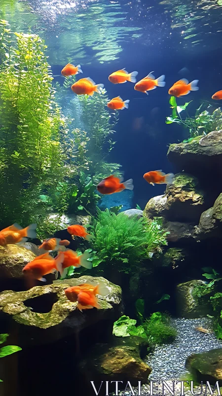 Bright orange fish swimming in densely planted aquarium.