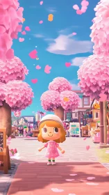 Stylized village plaza under pink cherry blossoms in soft 3D lighting