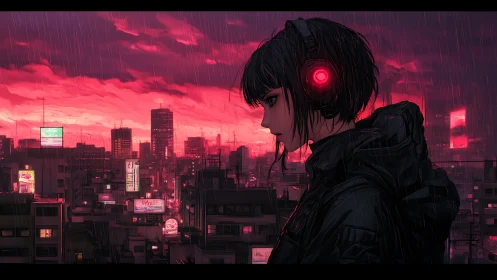 Neon city rain wraps a quiet listener in glowing night