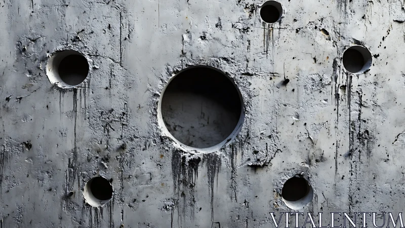 Concrete wall surface shows circular holes and erosion damage