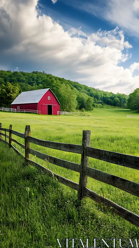 Red barn beside wooden fence in wide green pasture.