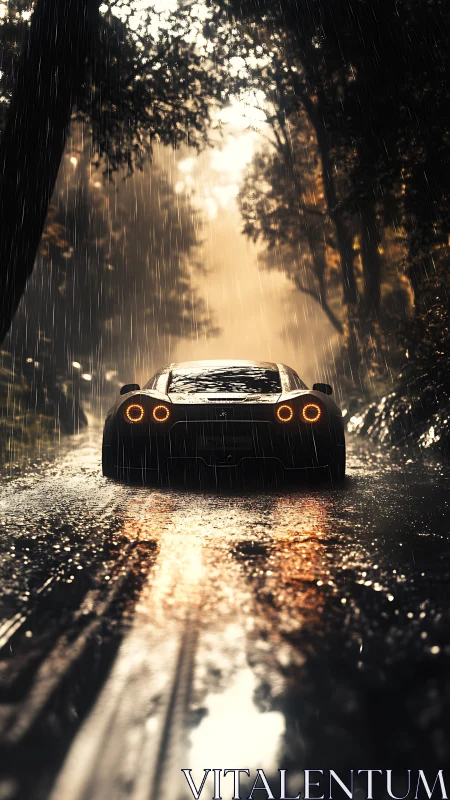 Rainlit escape with a lone sports car on a forest road.