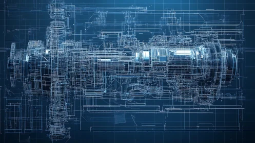 Futuristic engine blueprint glows within a digital grid space