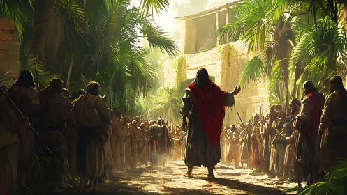 Sunlit leader addresses a gathered crowd in lush city street