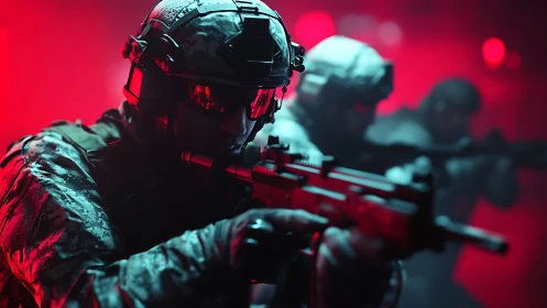 Armed tactical soldiers advance under red combat lighting.