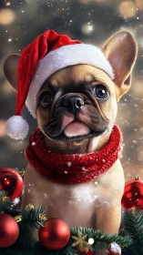 French bulldog wears Santa hat in festive snowfall scene.