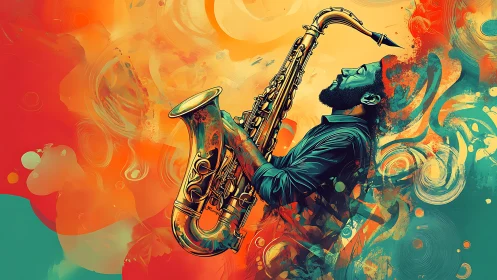 Explosive jazz saxophonist amid swirling abstract color storm.