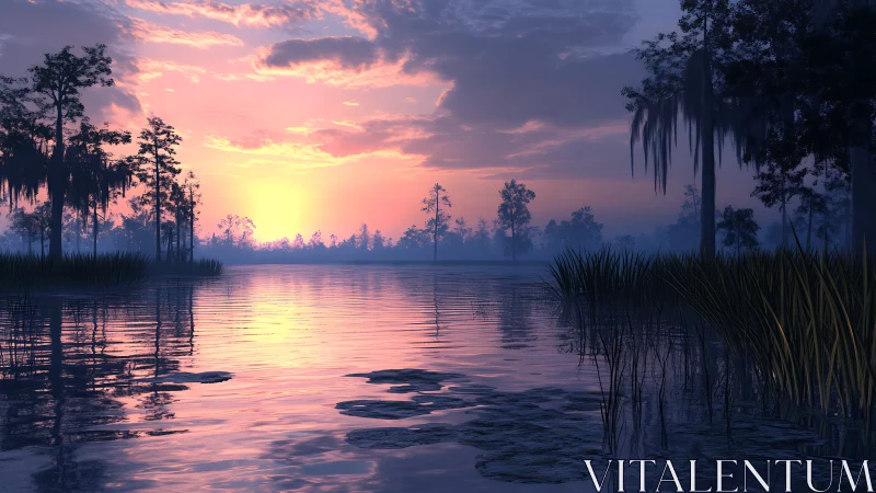 Gentle sunset glow over a quiet misty lakeside marsh.