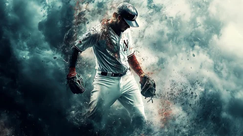 Baseball pitcher strides through explosive storm of color.