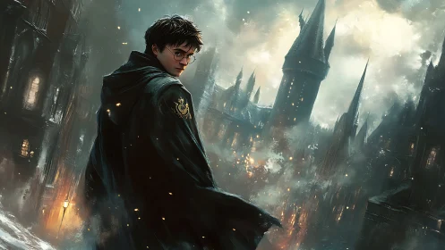 Cloaked young wizard before storm-lit gothic fortress.