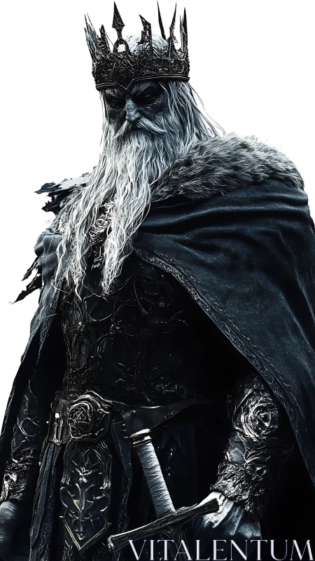 Dark armored king stands solemn with sword and iron crown