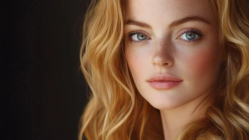 Golden-haired portrait with soft freckled complexion and gaze.