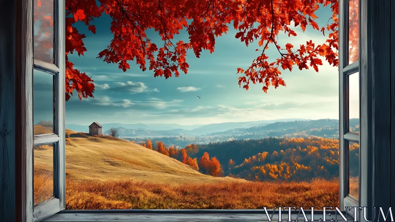 Open window frames wide autumn valley with distant hills