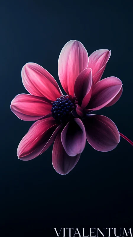 Pink flower macro on deep blue minimalist background.