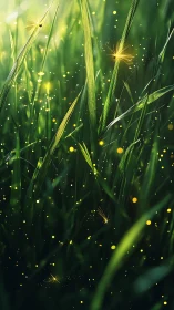 Glowing fireflies drift through tall summer grass at dusk.