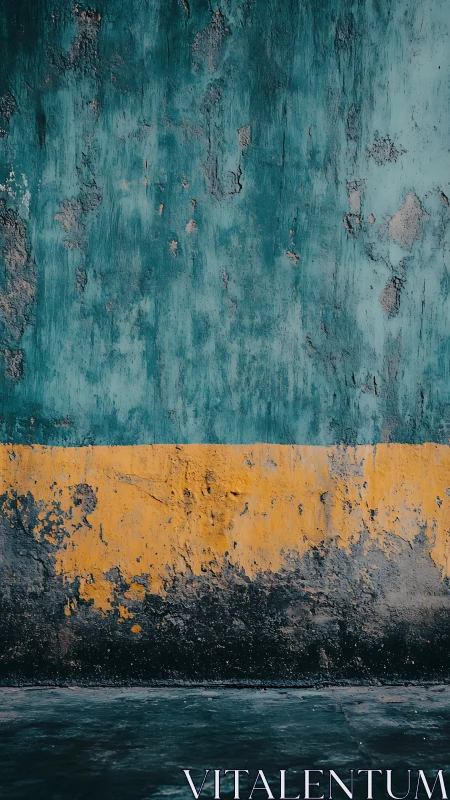 Weathered teal wall with bold yellow band and dark base