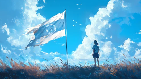 Girl facing large white flag under wide blue sky.