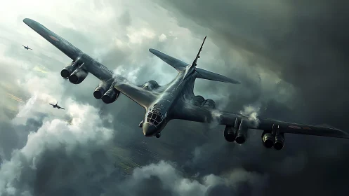 Stormbound steel bomber carves a warpath through cloud and sky.