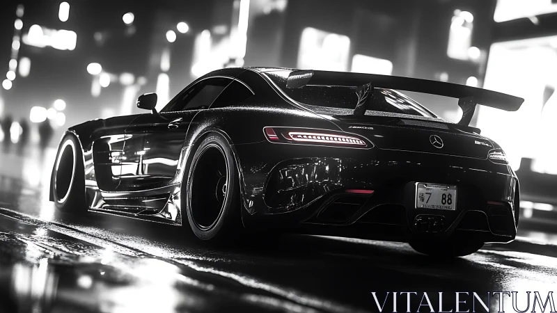 Rear view sports coupe on wet city street at night.