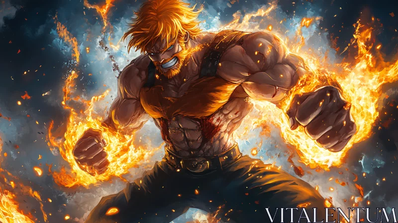 Fiery muscular warrior unleashing blazing punch power.