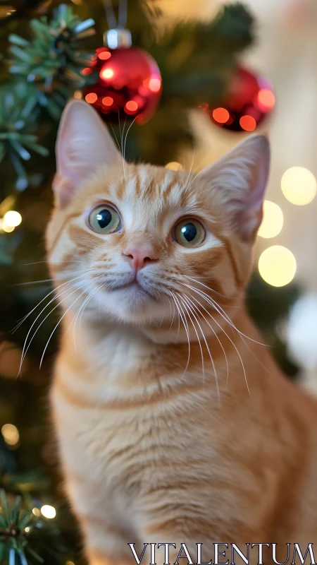 Ginger tabby cat in shallow depth of field Christmas tree portrait