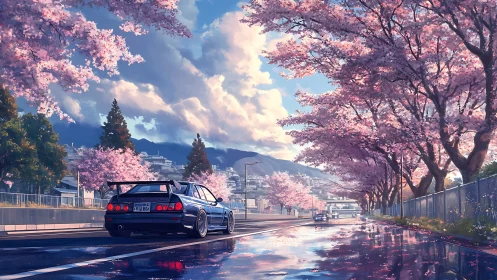 Blue sports car on wet road under pink cherry blossoms.