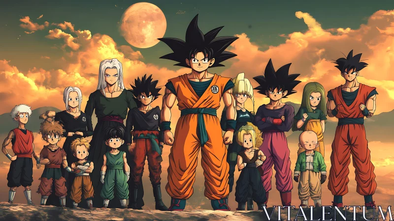 Anime ensemble lineup under dramatic dusk sky composition.