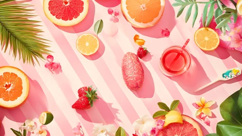 Vibrant tropical flat lay with citrus, florals, and glassware.