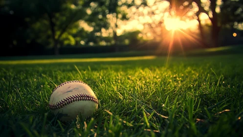 Low-angle baseball macro scene captures backlit sunset flare