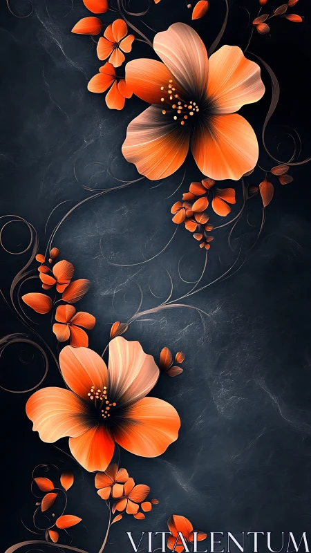 Orange hibiscus flowers rendered on dark textured background with botanical elements