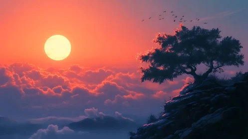 Digital landscape shows sun over clouds beside cliff tree